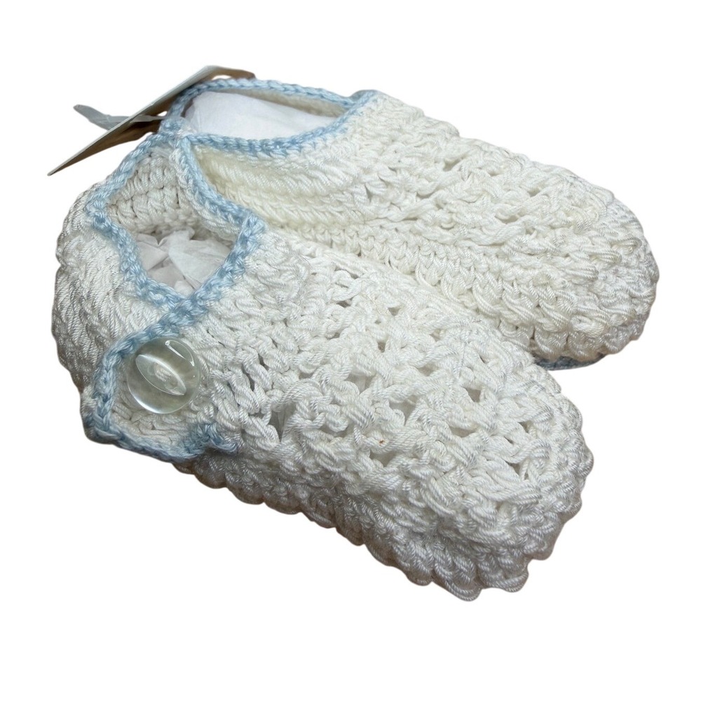 Auraluz 094 White Blue Hand Crocheted Baby Boy Booties Button‎ Closure NWT